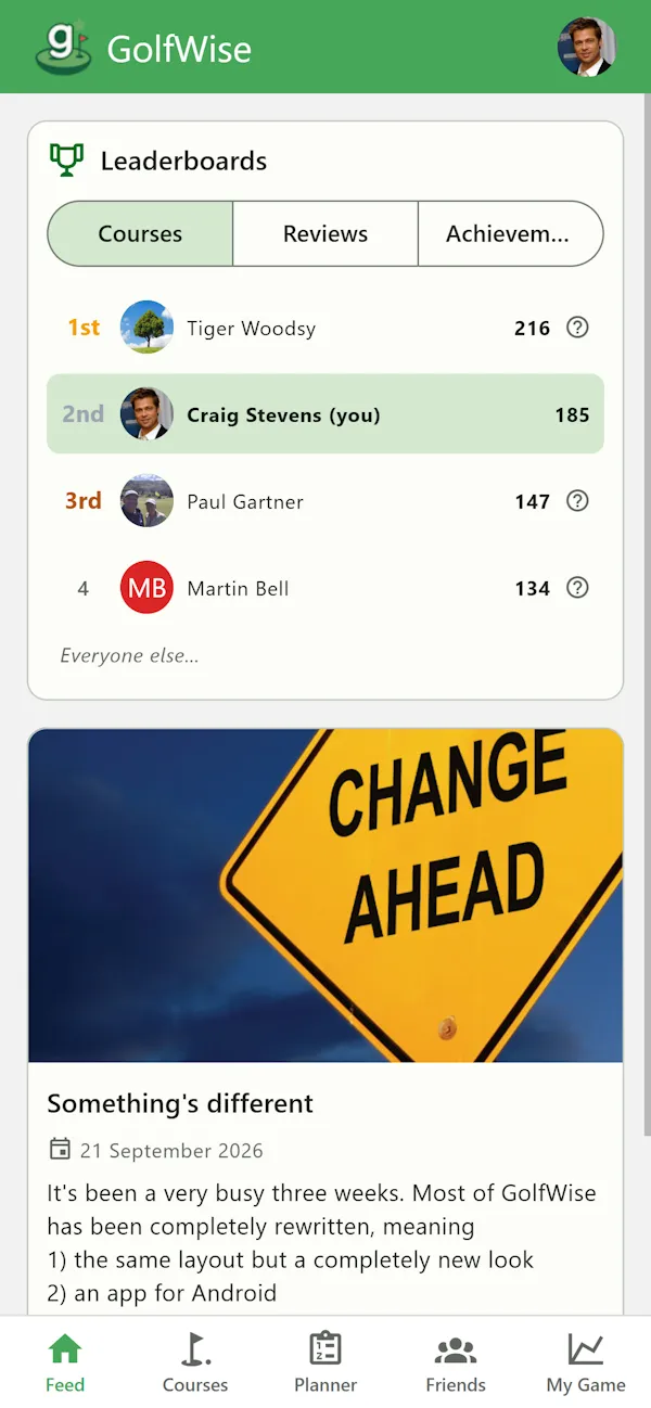 GolfWise friend feed preview