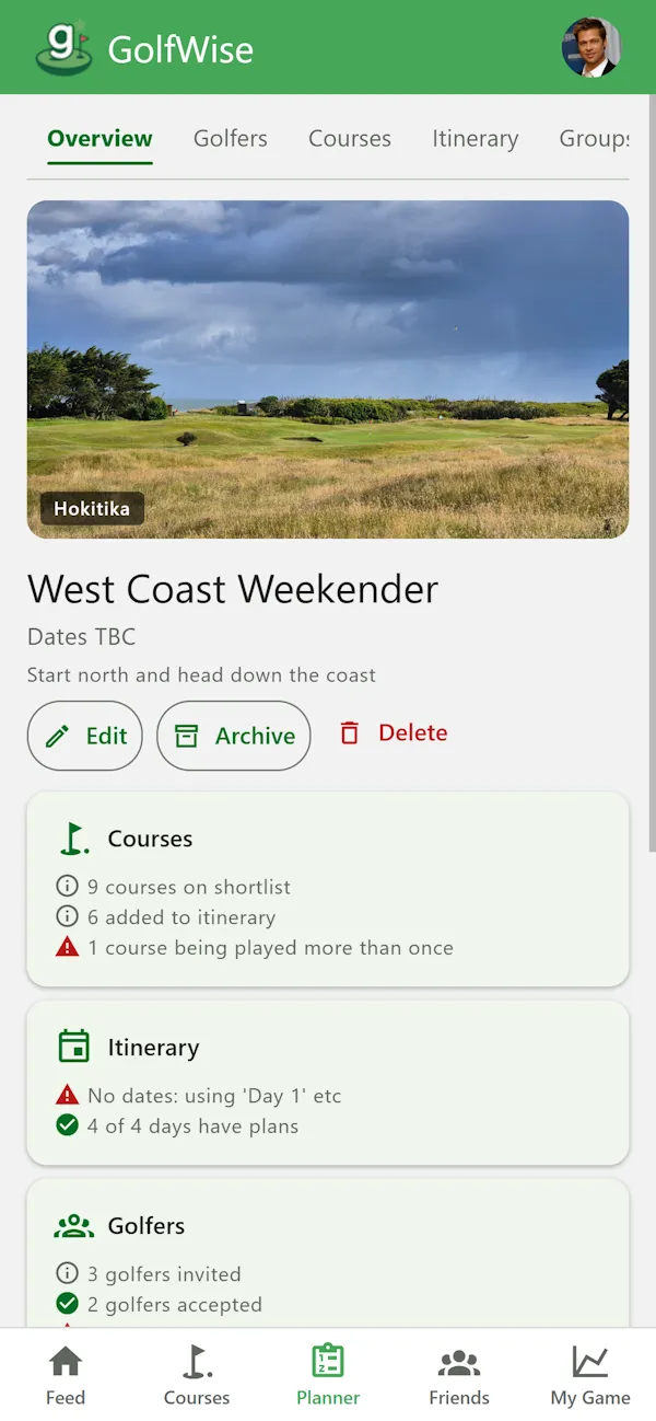 GolfWise trip page preview