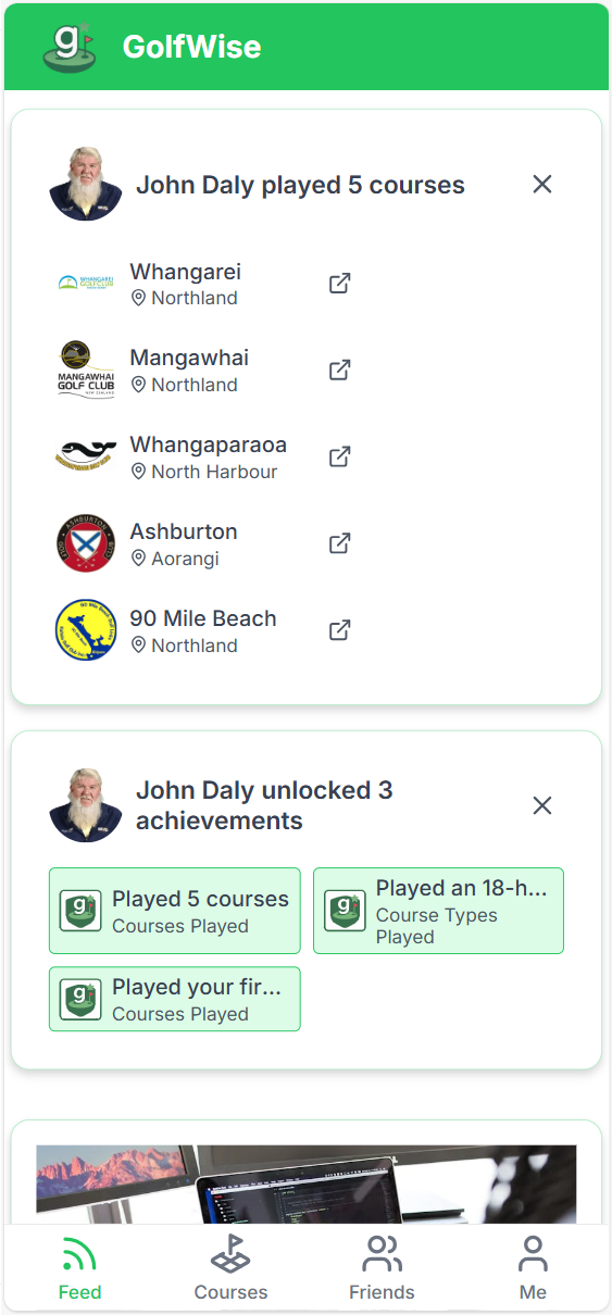 GolfWise friend feed preview